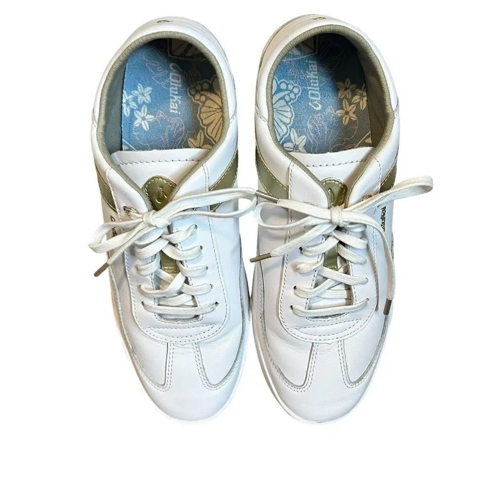 Olukai Ha'upu Sneakers Shoes White Gold Womens 9.5 Leather Lace Up